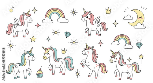 Magical collection of cute doodle unicorns, rainbows, stars, a smiling moon, and other fantasy elements like crowns and cupcakes for children's party decor.