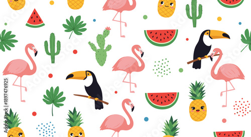 Bright and cheerful seamless summer pattern featuring pink flamingos, toucans, kawaii pineapples, watermelons, and cacti on a simple white background.