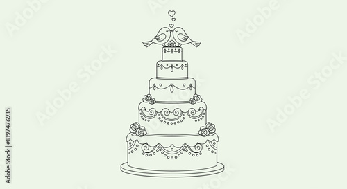 Elegant black and white line art illustration of a tall, multi-tiered wedding cake decorated with flowers and topped with two kissing lovebirds.