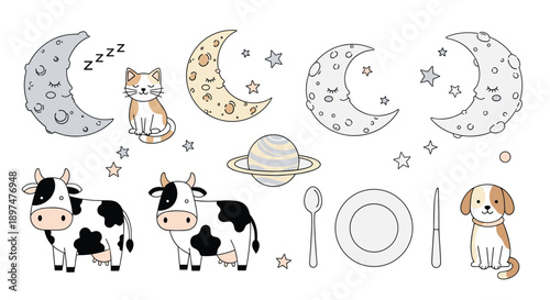 Quirky and cute collection of nursery rhyme doodles, including a cow jumping over the moon, a cat, a dog, a dish, and a spoon.