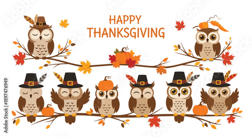 Adorable Happy Thanksgiving greeting card with a group of cute cartoon owls wearing pilgrim hats, perched on branches with autumn leaves and pumpkins.