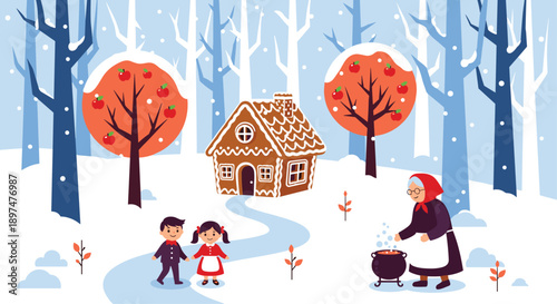 Vibrant fairy tale illustration of Hansel and Gretel in a snowy winter forest, discovering a gingerbread house as an old witch stirs her cauldron.