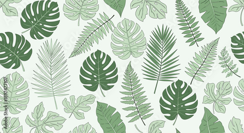 A seamless pattern of assorted tropical leaves, including monstera and palm, in various shades of green, creating a lush, botanical background for design.