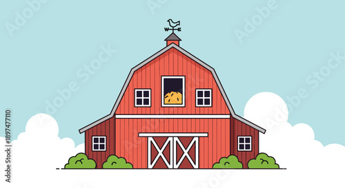 Simple and clean vector illustration of a classic red barn with a weather vane, set against a light blue sky with fluffy white clouds.