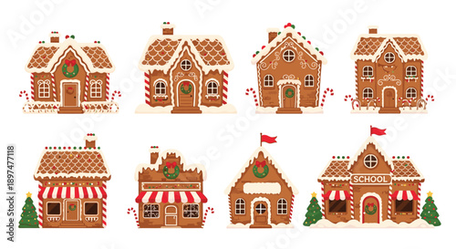 A festive collection of eight different gingerbread houses, including a school and shops, all intricately decorated with icing, candy, and Christmas wreaths.