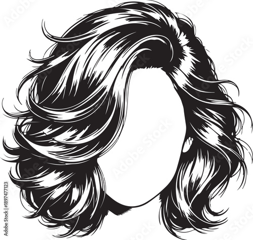 Black and White Illustration of a Woman's Wavy Hairstyle Keywords: hair, hairstyle, woman, female