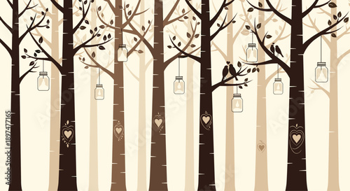 A tranquil forest scene with silhouette-style trees in shades of brown, featuring hanging mason jar lanterns, carved hearts, and perched lovebirds.