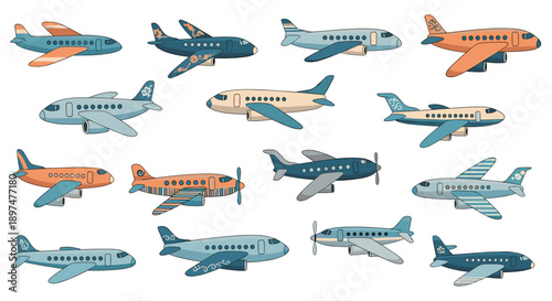A large and diverse collection of various airplanes and passenger jets in a colorful, flat cartoon style, shown from a side profile view.