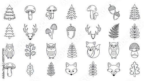 Cute Hand Drawn Forest Animals and Nature Elements - Vector Icons