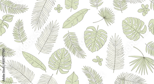 A seamless pattern of various hand-drawn tropical leaves in a subtle light green color on a clean white background, creating a minimalist botanical texture.