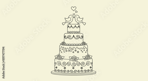 A charming black and white line art illustration of a tall wedding cake decorated with swirls and flowers, topped by two kissing lovebirds.