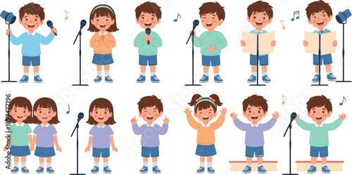 Cute children singing songs with microphones, happy kids music performance and choir activities, joyful school concert and talent show concept, colorful flat vector illustration set