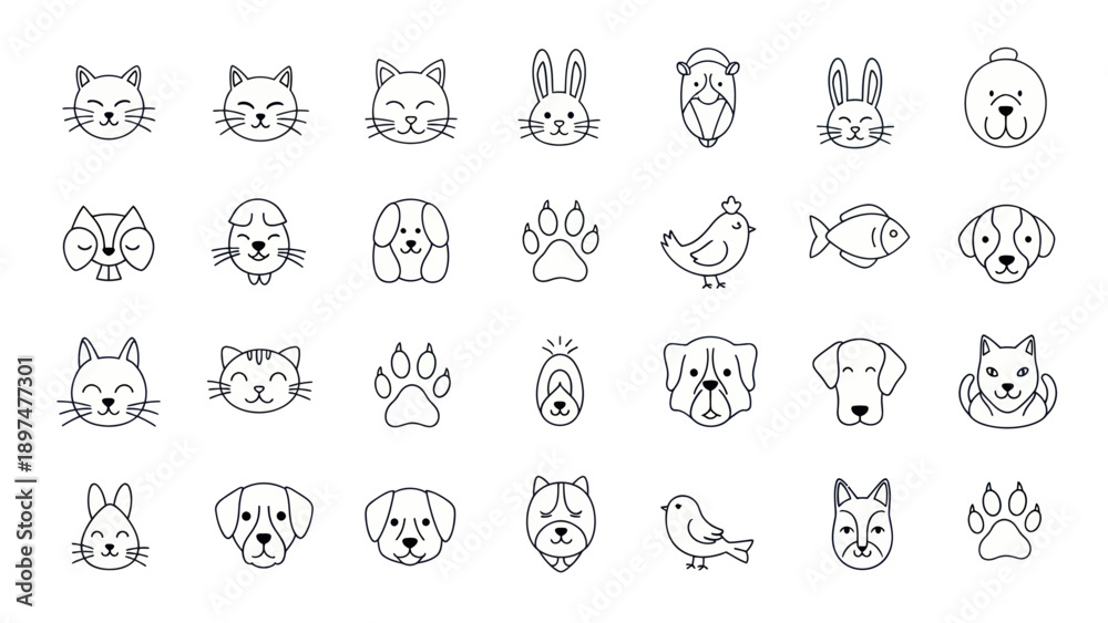 Fototapeta premium Cute Pet Icons: Cat, Dog, Rabbit, Bird, Fish, Paw Prints - Line Art Collection