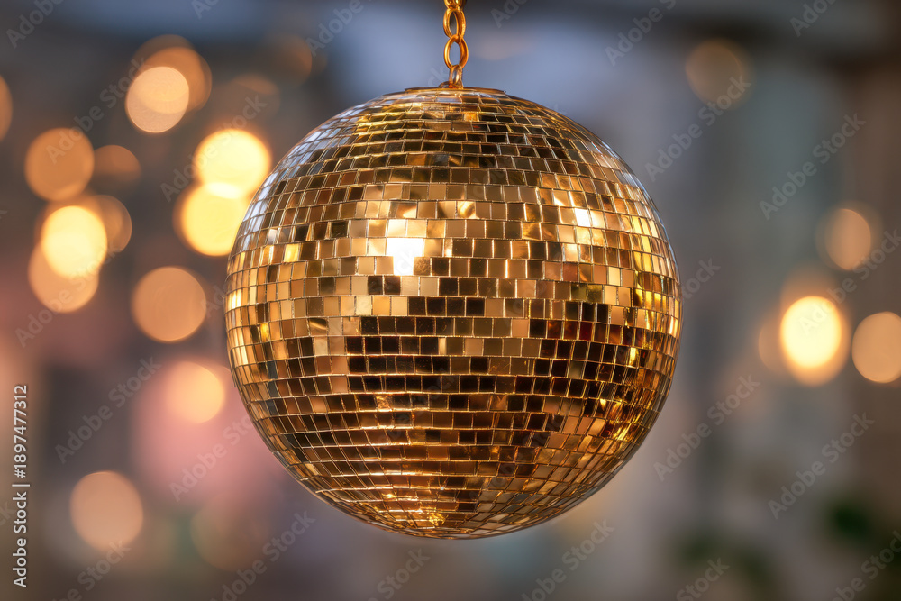 Obraz premium Shiny golden disco ball hanging with warm glowing lights reflecting off its mirrored surface creating a festive and elegant party atmosphere indoors