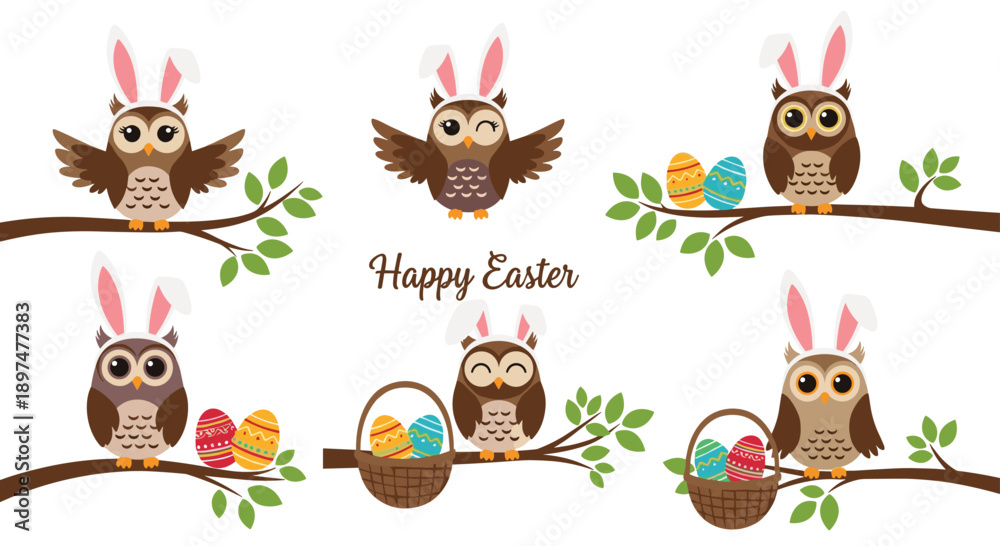Fototapeta premium A cute collection of cartoon owls wearing Easter bunny ears, sitting on branches with colorful decorated eggs and baskets.