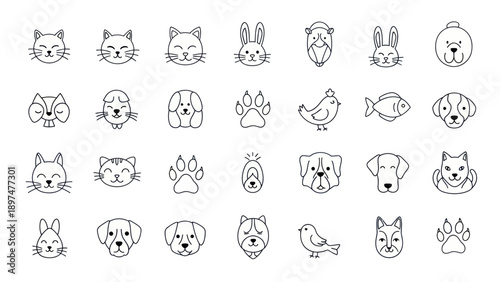 Cute Pet Icons: Cat, Dog, Rabbit, Bird, Fish, Paw Prints - Line Art Collection