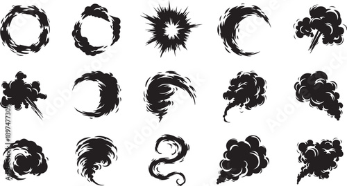 Black Silhouette Smoke and Explosion Effects Collection on White comic cartoon