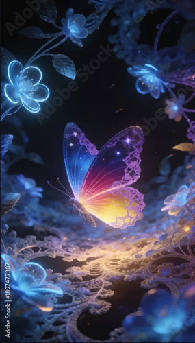 A vector 3D rendering of an unusual laser butterfly with wings that have a breathtaking gradient of deep sky blue.