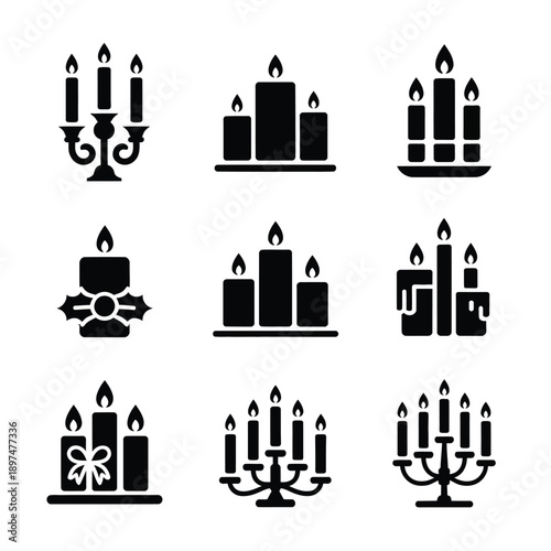 Assorted candle icons in various styles and arrangements isolated on white background, Vector, illustration