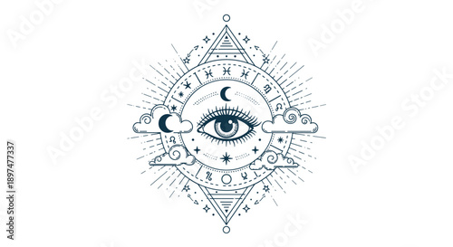 An intricate mystical illustration of the all-seeing eye with zodiac signs, moons, and stars in a geometric design.