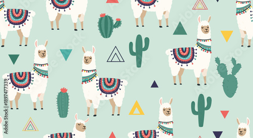 A cute and modern seamless pattern of cartoon llamas, cacti, and colorful geometric triangles on a light teal background.