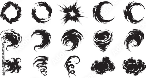 Black Silhouette Swirling Smoke and Explosion Effects Collection on White comic cartoon