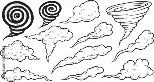 Collection of black and white drawings of smoke, wind, and tornado shapes swirl vortex