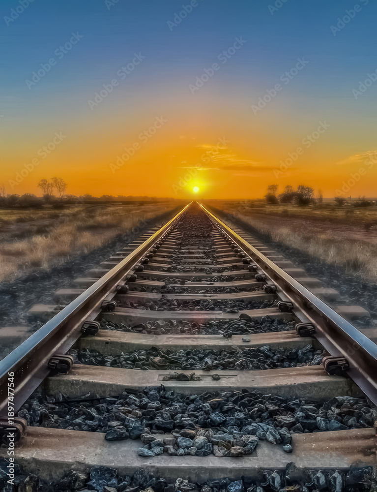 Fototapeta premium railroad tracks leading into a vibrant sunset