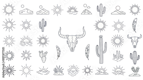Desert Elements Collection: Sun, Cactus, Mountains, Bull Skull Icons