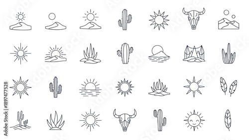 Desert Icon Set: Cacti, Sun, Mountains, Bull Skull, Feathers - Line Art