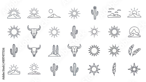 Desert Icon Set: Sun, Cactus, Skull, Mountain, Feathers - Minimalist Line Art Collection