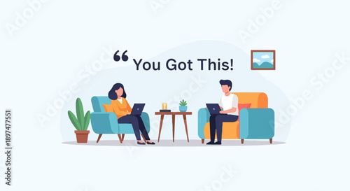 Two people work on laptops in comfortable chairs, with a motivational quote displayed