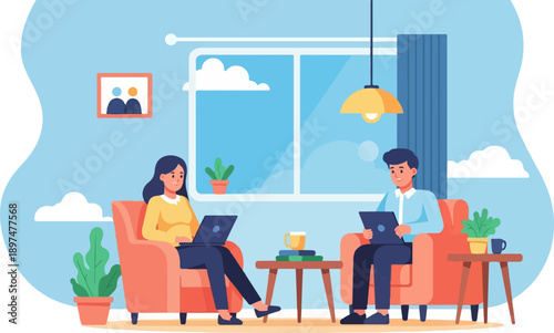 Two people work on laptops in comfy chairs by a window