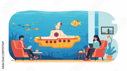 Two people work on laptops in comfy chairs, with a yellow submarine and fish underwater outside