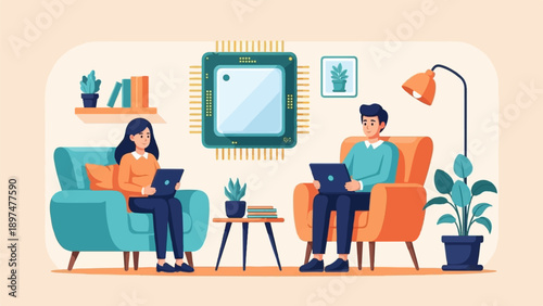 Two people work on laptops in cozy chairs near a large computer chip