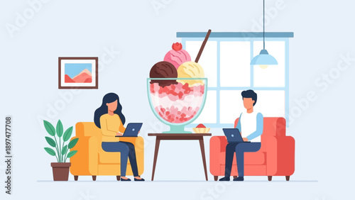 Two people work on laptops near a large ice cream sundae