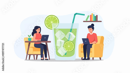 Two people work on laptops near a large refreshing drink