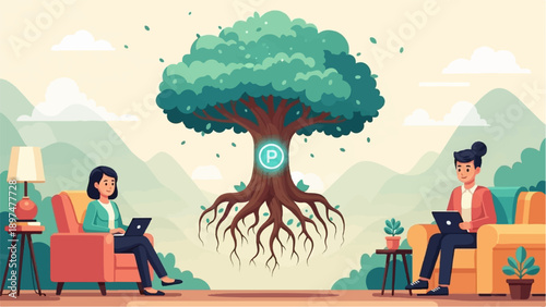 Two people work on laptops near a large tree with a glowing symbol