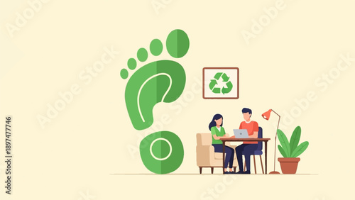Two people work on laptops near a recycling symbol and a large footprint