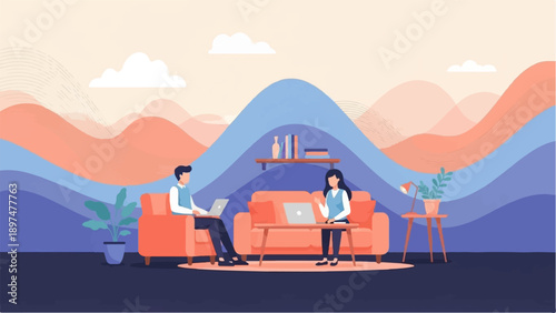 Two people working remotely on laptops on a couch with abstract hills