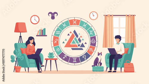 Two people work on laptops near a zodiac wheel