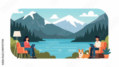Two people work on laptops next to a lake with mountains in the background