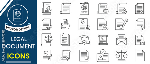 Legal document icon set. Set of outline icons related to legal document, policy, law, contract, passport, ID card, certificate, license, affidavit, visa, court order, power of attorney and more.