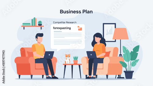 Two people working on laptops in a cozy living room with a business plan
