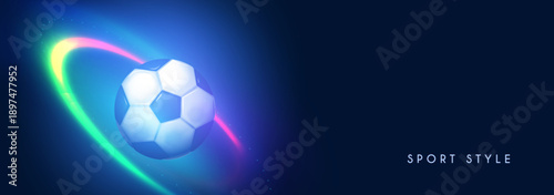 Soccer ball with speed and power light effect. Sports background. Match design.