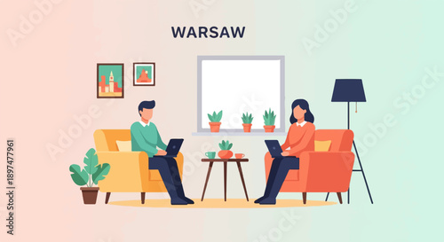 Two people working on laptops in a cozy living room, with city artwork on the wall