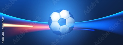 Soccer ball with speed and power light effect. Sports background. Match design.
