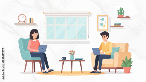 Two people working on laptops in a cozy living room with plants and art (1)