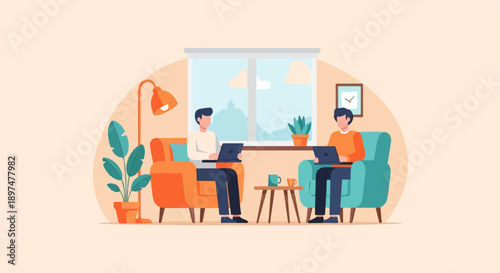 Two people working on laptops in a cozy living room with plants and a window (1)