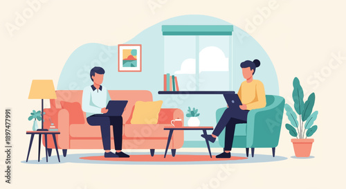 Two people working on laptops in a cozy living room with plants and a window